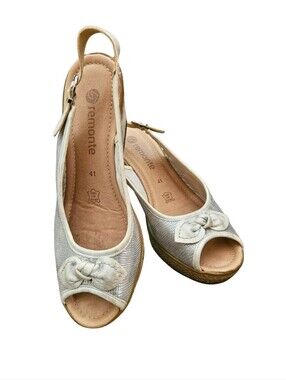 Remonte Silver Leather Open-Toe Slingback Wedge Sandals with Bow Accent